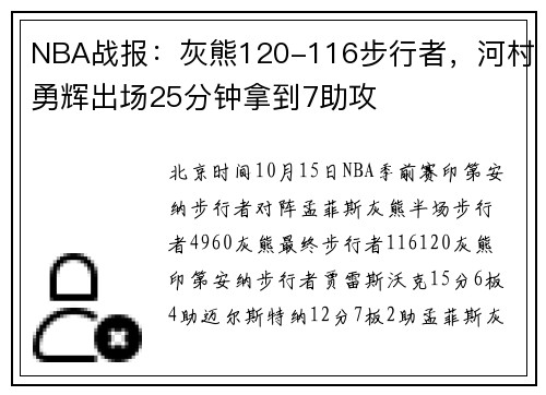 NBA战报：灰熊120-116步行者，河村勇辉出场25分钟拿到7助攻